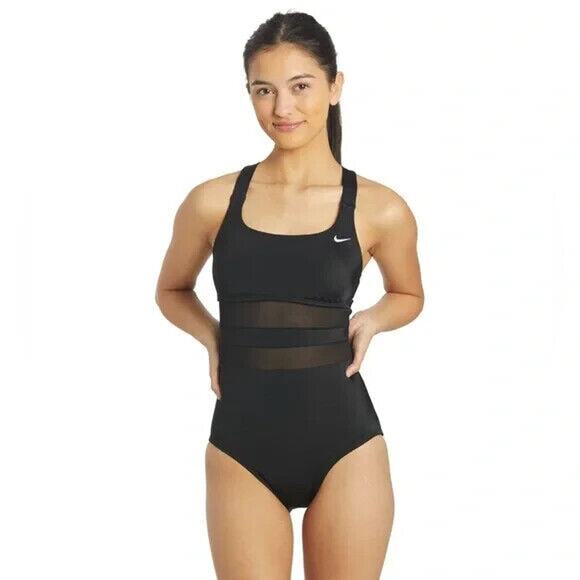 Nike Women's Mesh Black V-Back One Piece Swimsuit NESS9365 - L - Picture 2 of 11
